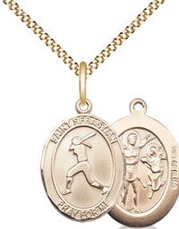 [8183GF/18G] 14kt Gold Filled Saint Sebastian  Softball Pendant on a 18 inch Gold Plate Light Curb chain