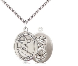 [8184SS/18S] Sterling Silver Saint Christopher Surfing Pendant on a 18 inch Light Rhodium Light Curb chain