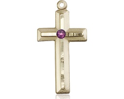 [6000KT-STN2] 14kt Gold Cross Medal with a 3mm Amethyst Swarovski stone