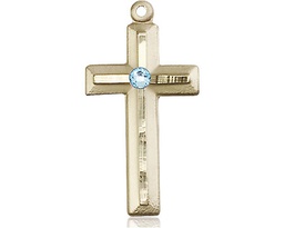 [6000KT-STN3] 14kt Gold Cross Medal with a 3mm Aqua Swarovski stone