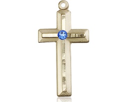 [6000KT-STN9] 14kt Gold Cross Medal with a 3mm Sapphire Swarovski stone