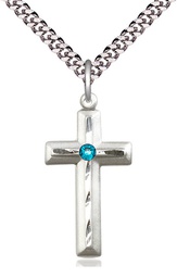 [6000SS-STN12/24S] Sterling Silver Cross Pendant with a 3mm Zircon Swarovski stone on a 24 inch Light Rhodium Heavy Curb chain