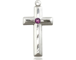 [6000SS-STN2] Sterling Silver Cross Medal with a 3mm Amethyst Swarovski stone