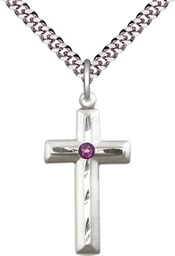 [6000SS-STN2/24S] Sterling Silver Cross Pendant with a 3mm Amethyst Swarovski stone on a 24 inch Light Rhodium Heavy Curb chain