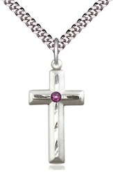 [6000SS-STN2/24S] Sterling Silver Cross Pendant with a 3mm Amethyst Swarovski stone on a 24 inch Light Rhodium Heavy Curb chain