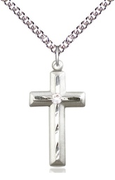 [6000SS-STN4/24SS] Sterling Silver Cross Pendant with a 3mm Crystal Swarovski stone on a 24 inch Sterling Silver Heavy Curb chain