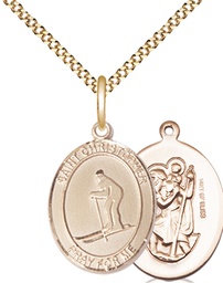 [8193GF/18G] 14kt Gold Filled Saint Christopher Skiing Pendant on a 18 inch Gold Plate Light Curb chain