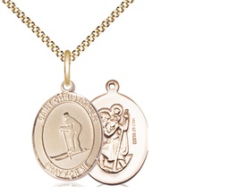 [8193GF/18G] 14kt Gold Filled Saint Christopher Skiing Pendant on a 18 inch Gold Plate Light Curb chain