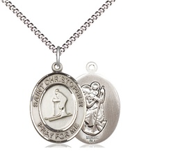 [8193SS/18S] Sterling Silver Saint Christopher Skiing Pendant on a 18 inch Light Rhodium Light Curb chain