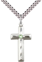 [6000SS-STN8/24S] Sterling Silver Cross Pendant with a 3mm Peridot Swarovski stone on a 24 inch Light Rhodium Heavy Curb chain