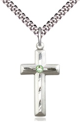 [6000SS-STN8/24S] Sterling Silver Cross Pendant with a 3mm Peridot Swarovski stone on a 24 inch Light Rhodium Heavy Curb chain