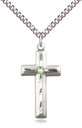 [6000SS-STN8/24SS] Sterling Silver Cross Pendant with a 3mm Peridot Swarovski stone on a 24 inch Sterling Silver Heavy Curb chain