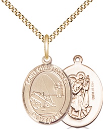 [8196GF/18G] 14kt Gold Filled Saint Christopher Fishing Pendant on a 18 inch Gold Plate Light Curb chain