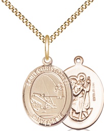 [8196GF/18G] 14kt Gold Filled Saint Christopher Fishing Pendant on a 18 inch Gold Plate Light Curb chain