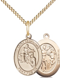 [8197GF/18G] 14kt Gold Filled Saint Sebastian Motorcycle Pendant on a 18 inch Gold Plate Light Curb chain