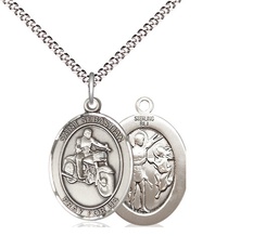 [8197SS/18S] Sterling Silver Saint Sebastian Motorcycle Pendant on a 18 inch Light Rhodium Light Curb chain