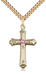 [6007GF-STN10/24G] 14kt Gold Filled Cross Pendant with a 3mm Rose Swarovski stone on a 24 inch Gold Plate Heavy Curb chain