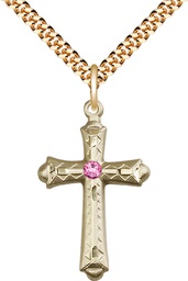 [6007GF-STN10/24G] 14kt Gold Filled Cross Pendant with a 3mm Rose Swarovski stone on a 24 inch Gold Plate Heavy Curb chain