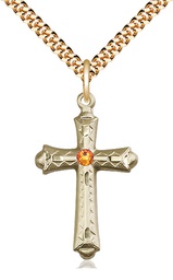 [6007GF-STN11/24G] 14kt Gold Filled Cross Pendant with a 3mm Topaz Swarovski stone on a 24 inch Gold Plate Heavy Curb chain