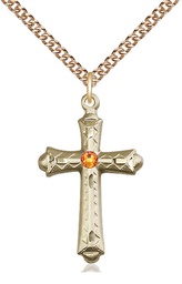 [6007GF-STN11/24GF] 14kt Gold Filled Cross Pendant with a 3mm Topaz Swarovski stone on a 24 inch Gold Filled Heavy Curb chain