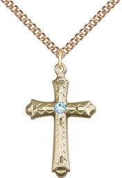[6007GF-STN3/24GF] 14kt Gold Filled Cross Pendant with a 3mm Aqua Swarovski stone on a 24 inch Gold Filled Heavy Curb chain