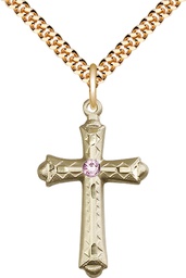 [6007GF-STN6/24G] 14kt Gold Filled Cross Pendant with a 3mm Light Amethyst Swarovski stone on a 24 inch Gold Plate Heavy Curb chain