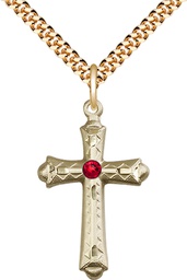 [6007GF-STN7/24G] 14kt Gold Filled Cross Pendant with a 3mm Ruby Swarovski stone on a 24 inch Gold Plate Heavy Curb chain