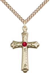 [6007GF-STN7/24GF] 14kt Gold Filled Cross Pendant with a 3mm Ruby Swarovski stone on a 24 inch Gold Filled Heavy Curb chain