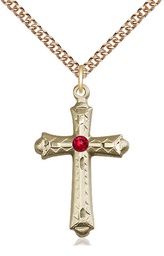 [6007GF-STN7/24GF] 14kt Gold Filled Cross Pendant with a 3mm Ruby Swarovski stone on a 24 inch Gold Filled Heavy Curb chain