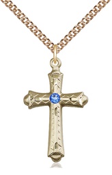 [6007GF-STN9/24GF] 14kt Gold Filled Cross Pendant with a 3mm Sapphire Swarovski stone on a 24 inch Gold Filled Heavy Curb chain