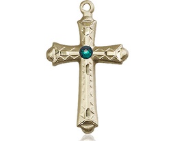 [6007KT-STN5] 14kt Gold Cross Medal with a 3mm Emerald Swarovski stone