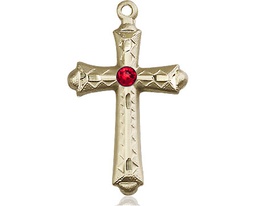 [6007KT-STN7] 14kt Gold Cross Medal with a 3mm Ruby Swarovski stone