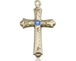 [6007KT-STN9] 14kt Gold Cross Medal with a 3mm Sapphire Swarovski stone