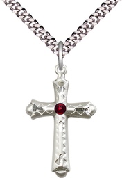 [6007SS-STN1/24S] Sterling Silver Cross Pendant with a 3mm Garnet Swarovski stone on a 24 inch Light Rhodium Heavy Curb chain