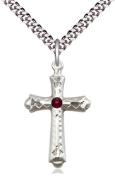 [6007SS-STN1/24S] Sterling Silver Cross Pendant with a 3mm Garnet Swarovski stone on a 24 inch Light Rhodium Heavy Curb chain