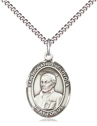 [8217SS/18S] Sterling Silver Saint Ignatius of Loyola Pendant on a 18 inch Light Rhodium Light Curb chain