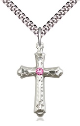 [6007SS-STN10/24S] Sterling Silver Cross Pendant with a 3mm Rose Swarovski stone on a 24 inch Light Rhodium Heavy Curb chain