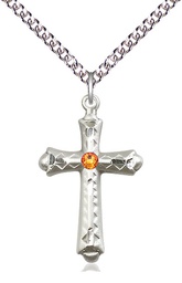 [6007SS-STN11/24SS] Sterling Silver Cross Pendant with a 3mm Topaz Swarovski stone on a 24 inch Sterling Silver Heavy Curb chain