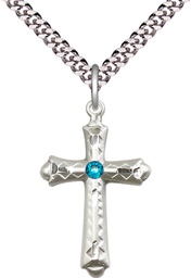 [6007SS-STN12/24S] Sterling Silver Cross Pendant with a 3mm Zircon Swarovski stone on a 24 inch Light Rhodium Heavy Curb chain