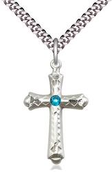 [6007SS-STN12/24S] Sterling Silver Cross Pendant with a 3mm Zircon Swarovski stone on a 24 inch Light Rhodium Heavy Curb chain