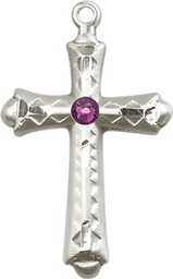 [6007SS-STN2] Sterling Silver Cross Medal with a 3mm Amethyst Swarovski stone