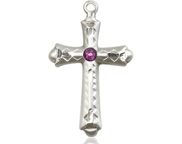 [6007SS-STN2] Sterling Silver Cross Medal with a 3mm Amethyst Swarovski stone