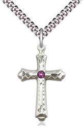 [6007SS-STN2/24S] Sterling Silver Cross Pendant with a 3mm Amethyst Swarovski stone on a 24 inch Light Rhodium Heavy Curb chain