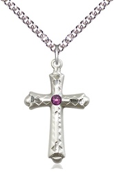 [6007SS-STN2/24SS] Sterling Silver Cross Pendant with a 3mm Amethyst Swarovski stone on a 24 inch Sterling Silver Heavy Curb chain