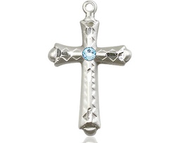 [6007SS-STN3] Sterling Silver Cross Medal with a 3mm Aqua Swarovski stone