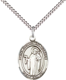 [8220SS/18S] Sterling Silver Saint Joseph the Worker Pendant on a 18 inch Light Rhodium Light Curb chain