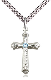 [6007SS-STN3/24S] Sterling Silver Cross Pendant with a 3mm Aqua Swarovski stone on a 24 inch Light Rhodium Heavy Curb chain