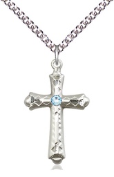 [6007SS-STN3/24SS] Sterling Silver Cross Pendant with a 3mm Aqua Swarovski stone on a 24 inch Sterling Silver Heavy Curb chain