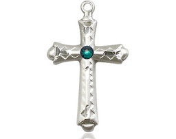 [6007SS-STN5] Sterling Silver Cross Medal with a 3mm Emerald Swarovski stone