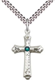 [6007SS-STN5/24S] Sterling Silver Cross Pendant with a 3mm Emerald Swarovski stone on a 24 inch Light Rhodium Heavy Curb chain